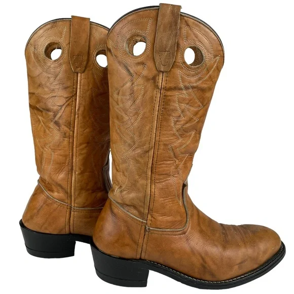 Vintage Cowhide Steel-toe Western Cowboy Brown Leather Boots Stitchwork Mens 8.5 - Picture 3 of 16